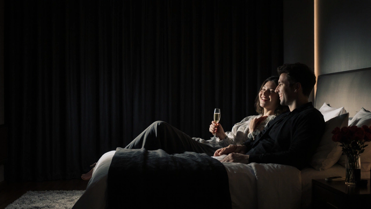 Couple sharing a quiet moment with champagne in a dimly lit, romantic hotel room.