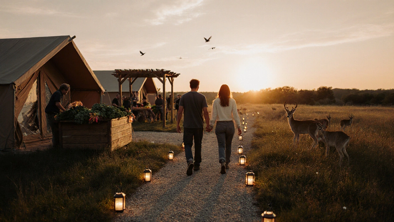 Couple walking near wildlife corridor with farmers delivering fresh produce beside solar‑lit cabins at dusk.