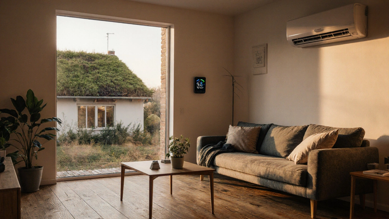 Cozy living room of a net‑zero home with large windows, reclaimed wood floor, smart energy monitor and visible green roof.