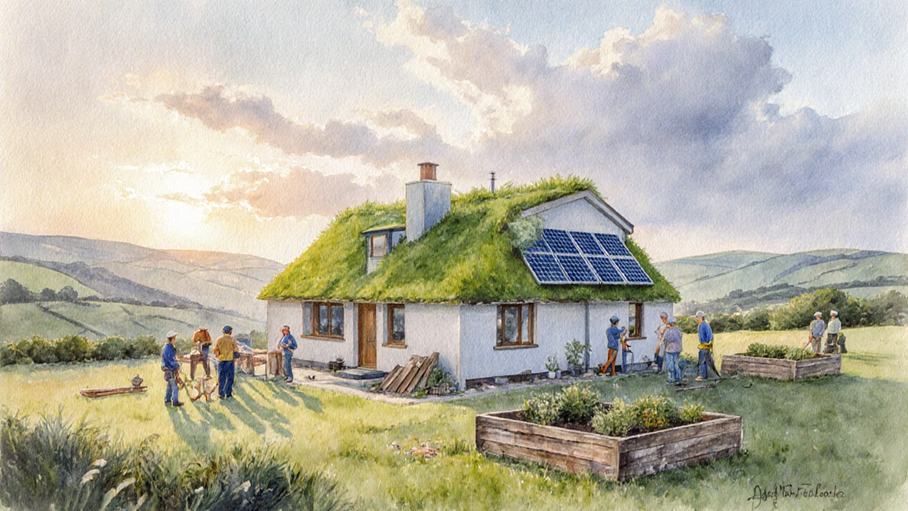 Eco‑friendly home with green roof, solar panels and community members in Irish countryside at sunrise.