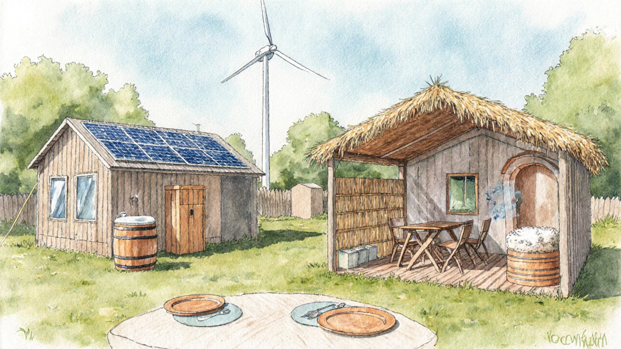 Eco glamping campsite showing solar panels, wind turbine, rain barrel, and wool‑insulated cabin interior.