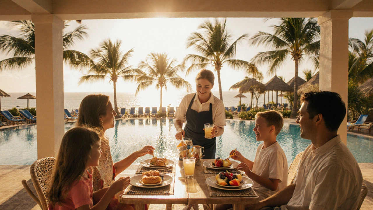 Family of four enjoying breakfast outdoors at a sunny resort poolside.