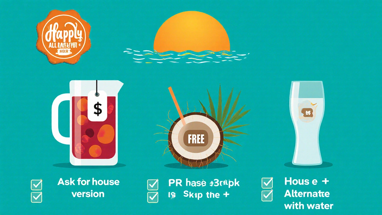 Flat‑design graphic showing happy hour badge, budget drink icons, and checklist.