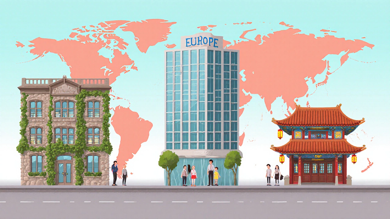 Illustrated world map with three hotels showing families of children of different ages in Europe, US, and Asia.