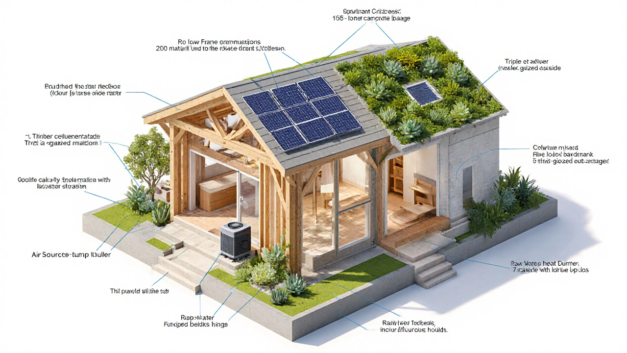 Isometric view of a 150 m² eco‑home showing structure, insulation, solar panels, heat pump, rainwater tank and green roof.