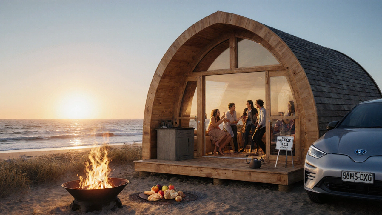 Sunrise scene of friends in a shared glamping pod with a fire pit and self‑catering kitchen.