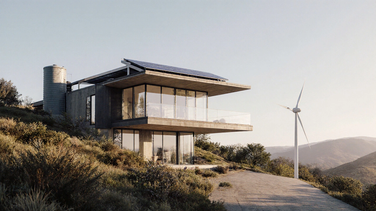 Sustainable house on a hillside with large windows, solar panels, rainwater tank and wind turbine.