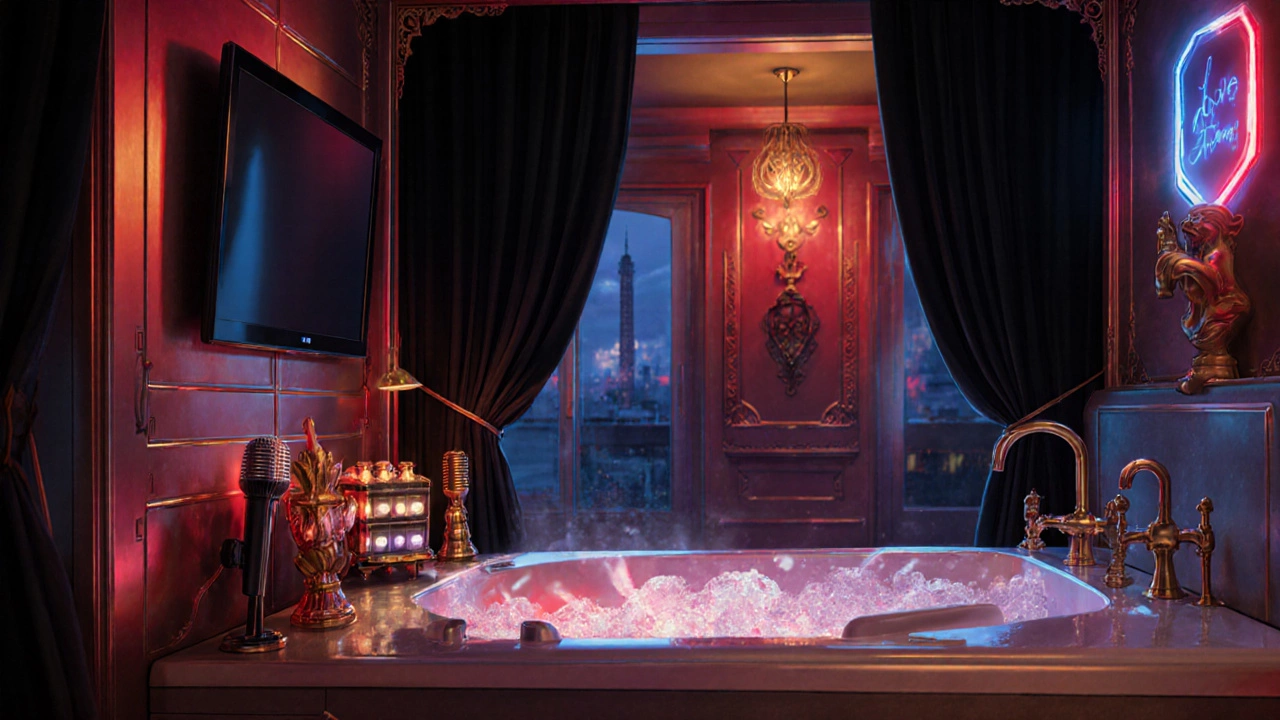 Themed love hotel suite with jacuzzi, mood lighting, karaoke mic, and blackout curtains.