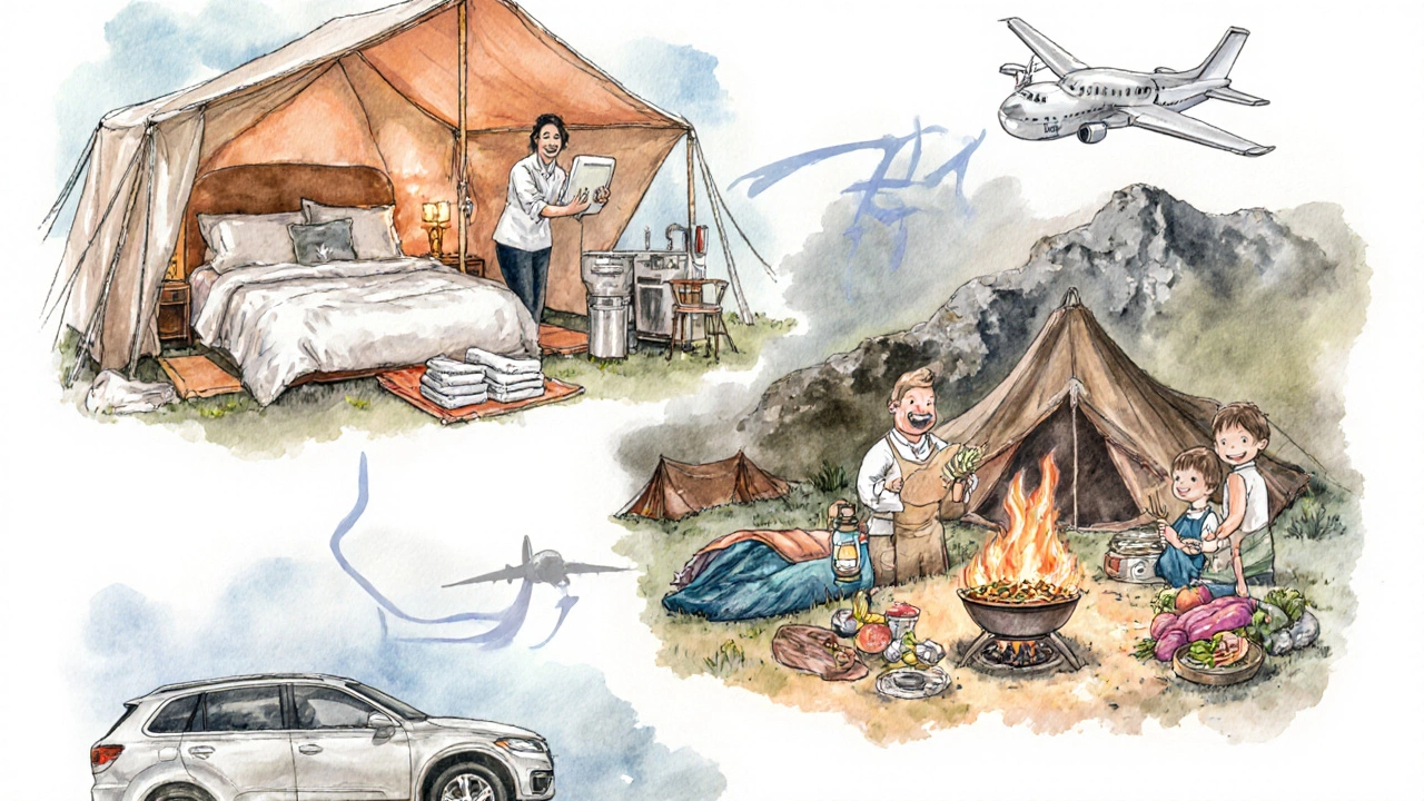 Watercolor collage showing glamping amenities, camping gear, meals, and travel vehicles.