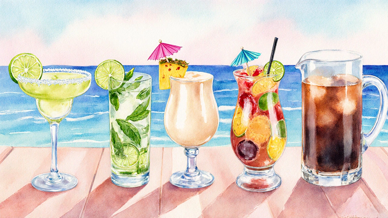 Watercolor of margarita, mojito, piña colada, sangria, and local cocktail on a tropical table.