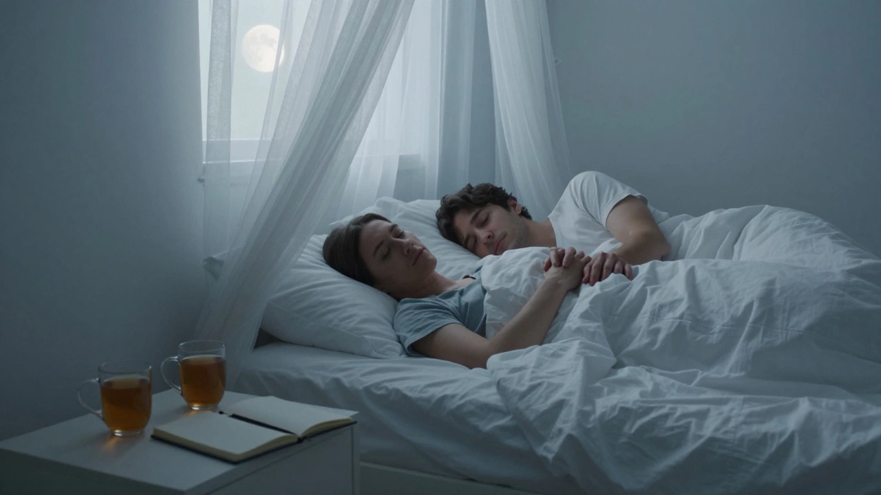 A couple rests in a minimalist silent escape room, one asleep holding the other’s hand, with a journal and tea beside them.