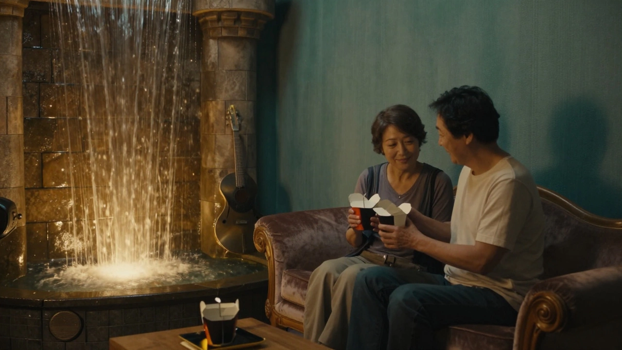 An older couple shares a quiet moment in a castle-themed room with a waterfall wall, enjoying takeout and nostalgic ambiance.