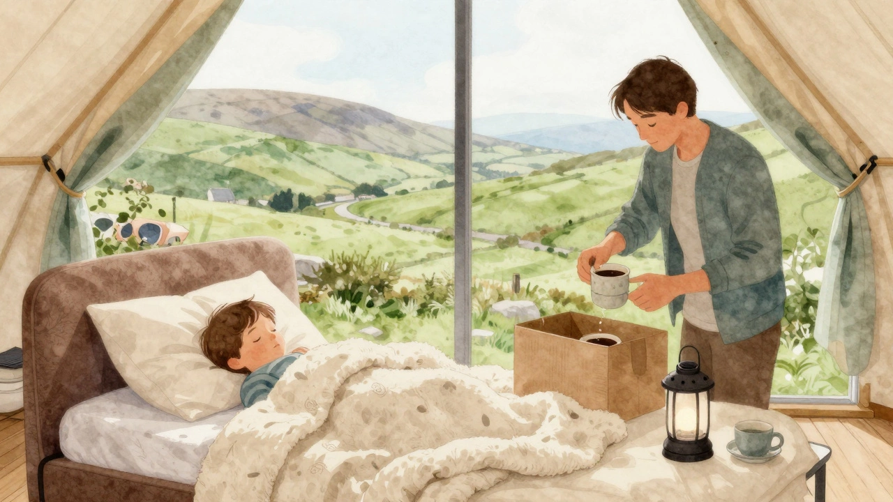 Family relaxing in a sunlit glamping cabin with warm bedding and a view of Irish hills.