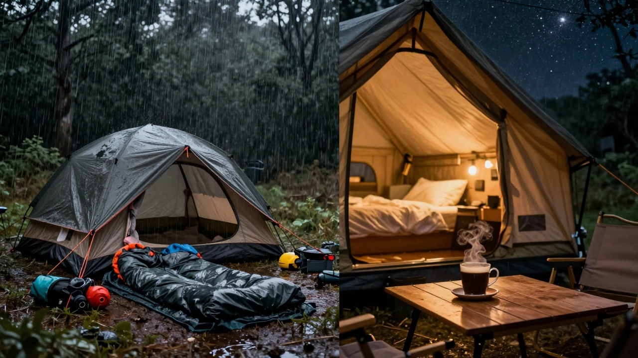 Split image: soggy tent vs. dry glamping cabin, showing contrast in comfort and weather.